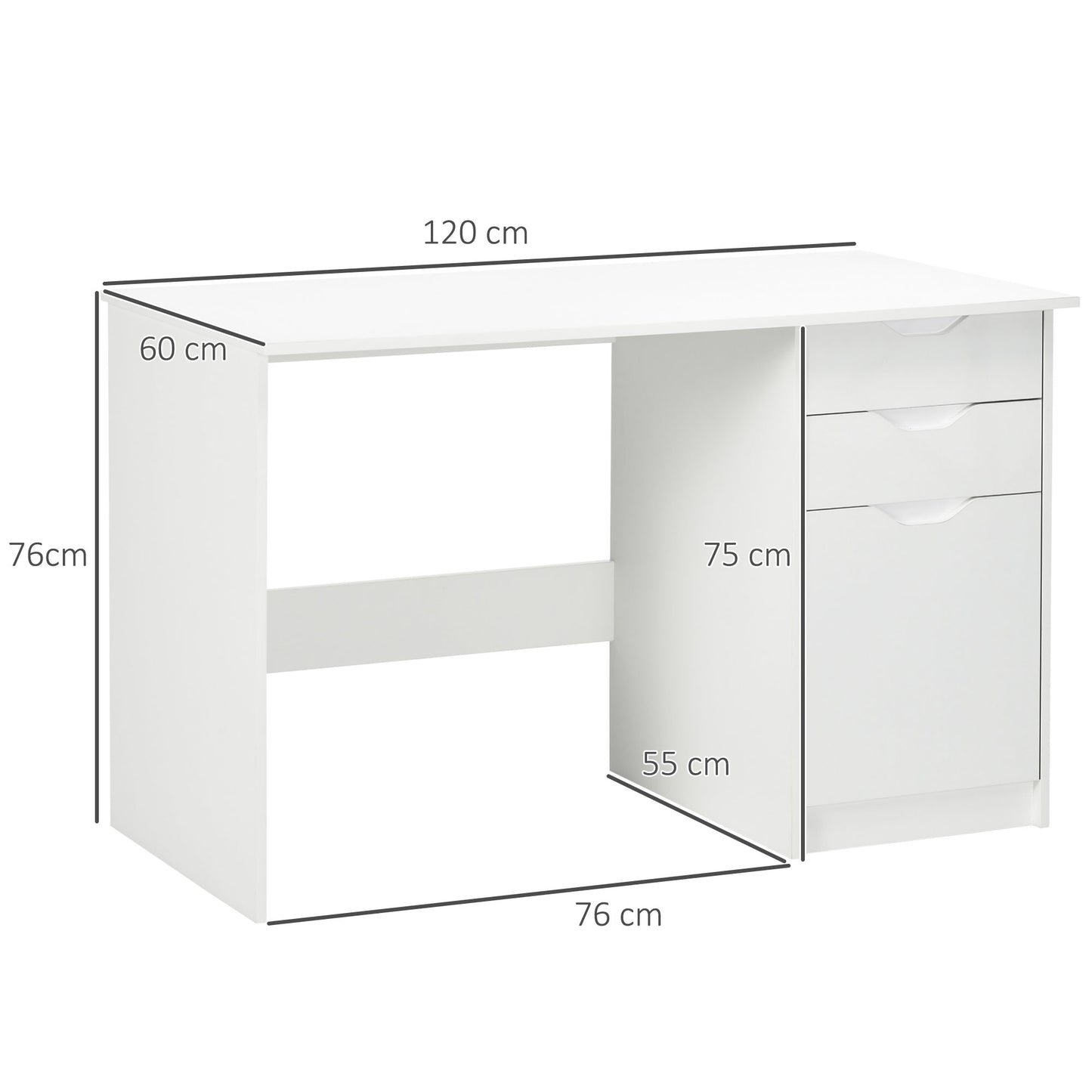 Computer Desk With Drawers, High Gloss Home Office Desk With Storage Cabinet, Study Workstation, 120 X 60cm, White