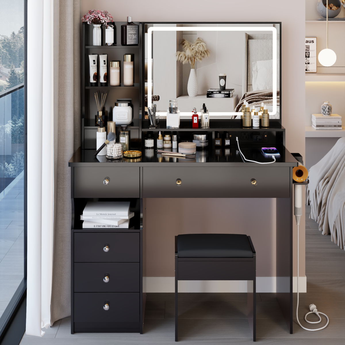 41 Large Size Left Drawer Desktop Vanity Table Cushioned Stool Dresser Set, 2 AC-2 USB Power Station, Hair Dryer Stand, Extra Large Touch Control LED Mirror, 3-color Switch, EPA, GCC, UL Certificate