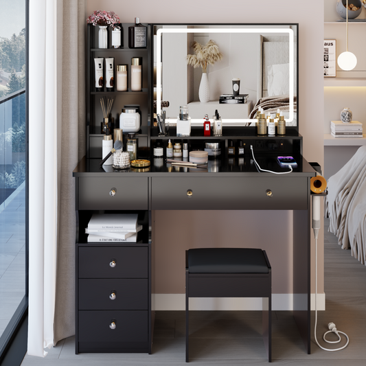41 Large Size Left Drawer Desktop Vanity Table Cushioned Stool Dresser Set, 2 AC-2 USB Power Station, Hair Dryer Stand, Extra Large Touch Control LED Mirror, 3-color Switch, EPA, GCC, UL Certificate