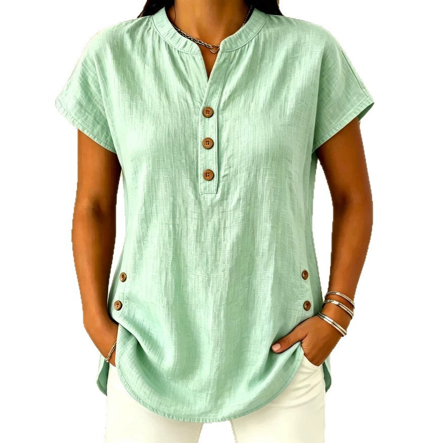 Womens Fashion Plus-Size Casual V-Neck Button-Up Shirt