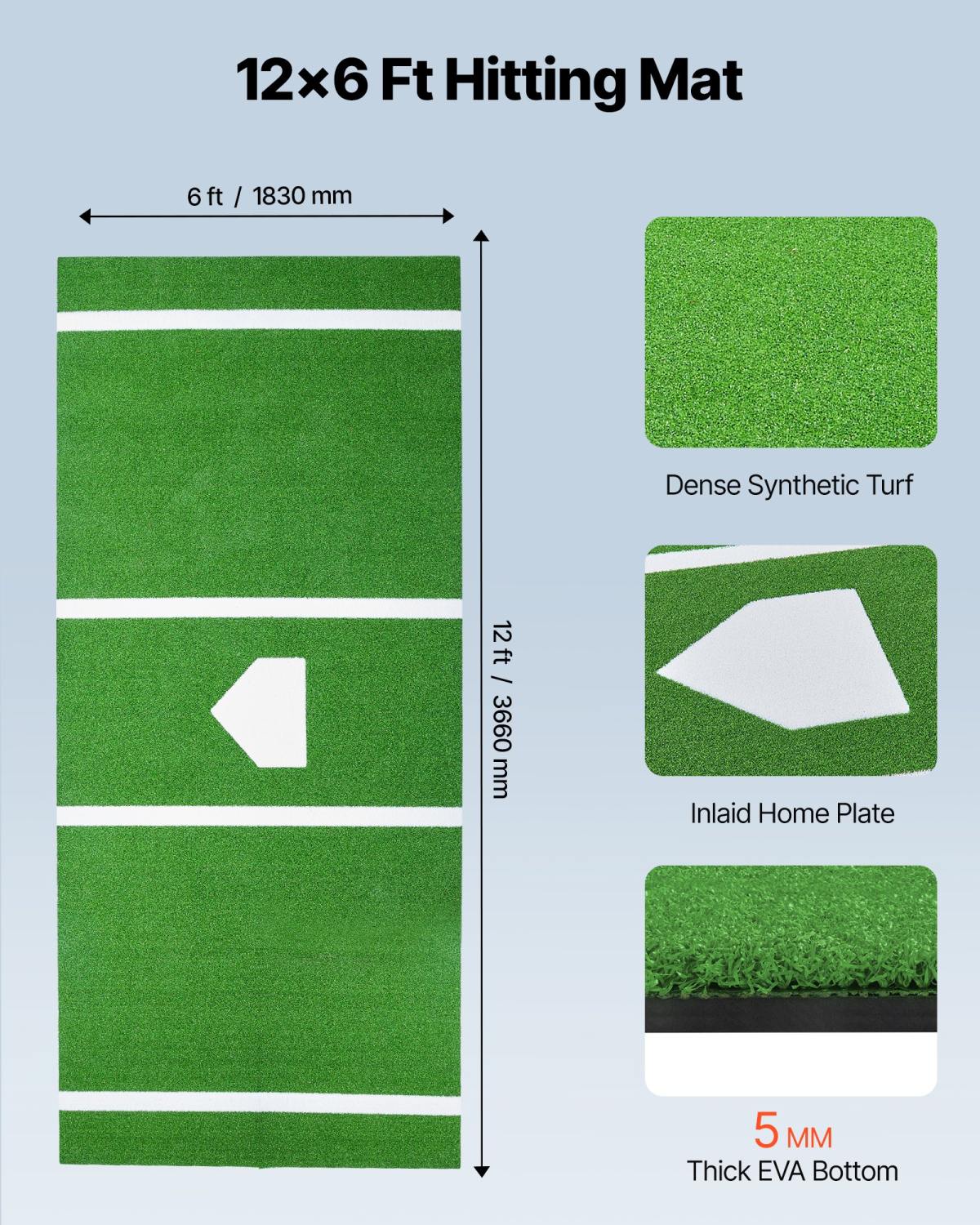 Baseball Hitting Mat, 12x6 Ft Batting Cage Mat, Batters Box Turf Mats, Softball Batting Practice Equipment With Home Plate And Anti Fade Turf, Portable Training Aid For Indoor Outdoor, Green
