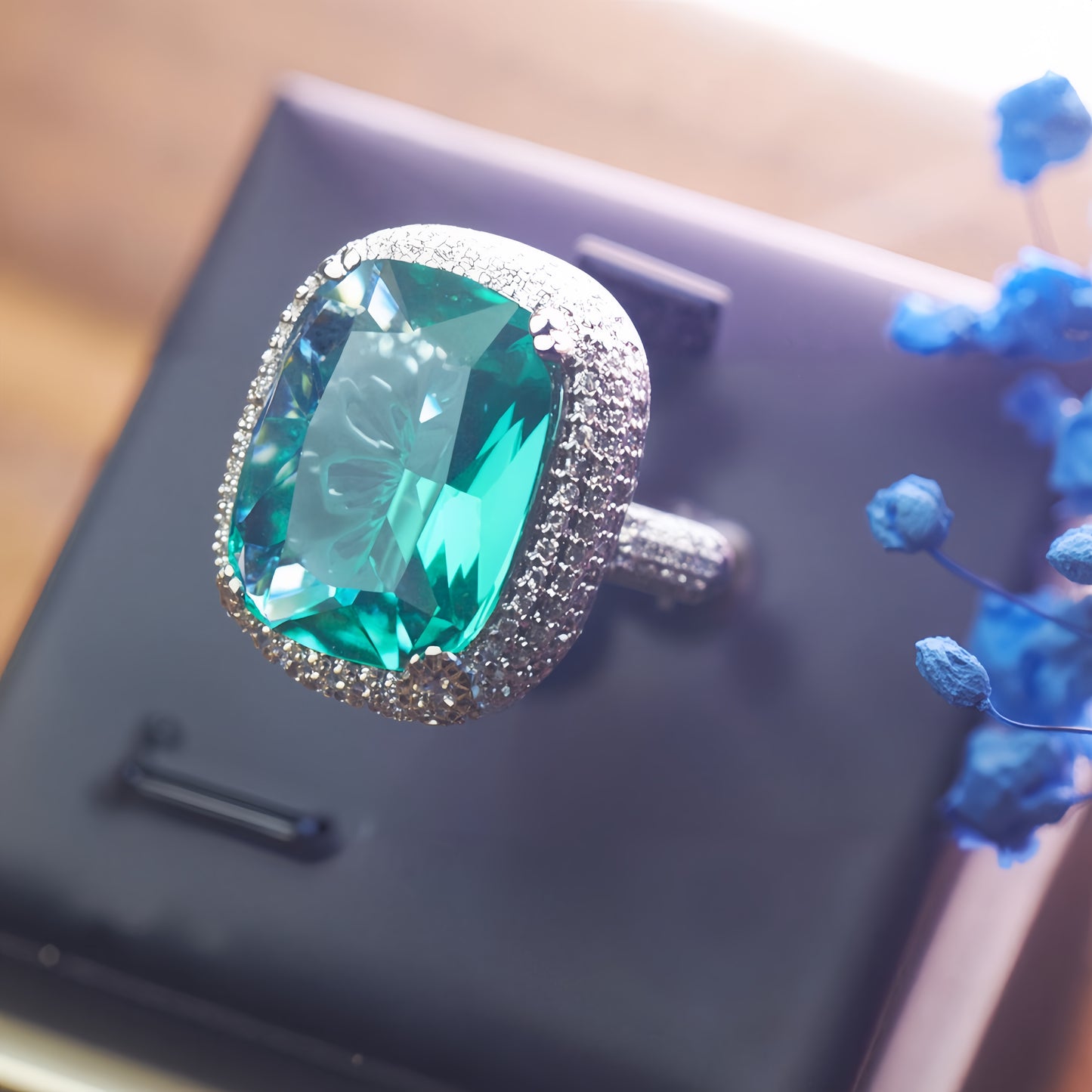 Rectangular Emerald Green CZ Double Halo Open Adjustable Statement Ring For Women, Copper Silver Plated Full Pave White Crystal Vintage Wedding Banquet Jewelry Gift