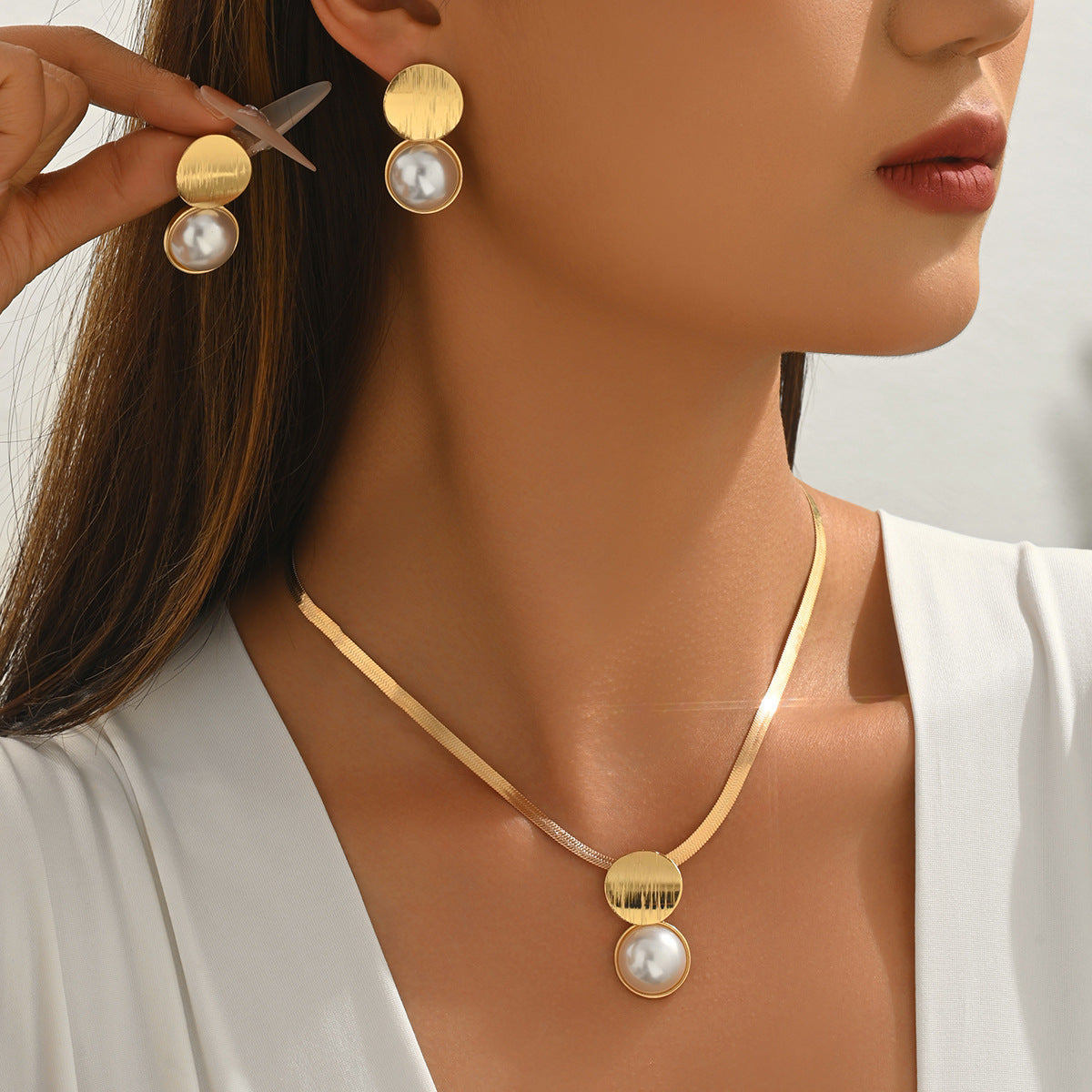 European American Fashion Women Jewelry Set, Unique Interlocking Ring Pearl Inlaid Earrings & Versatile Snake Bone Chain Geometric Clavicle Necklace, Daily Fashion Accessories