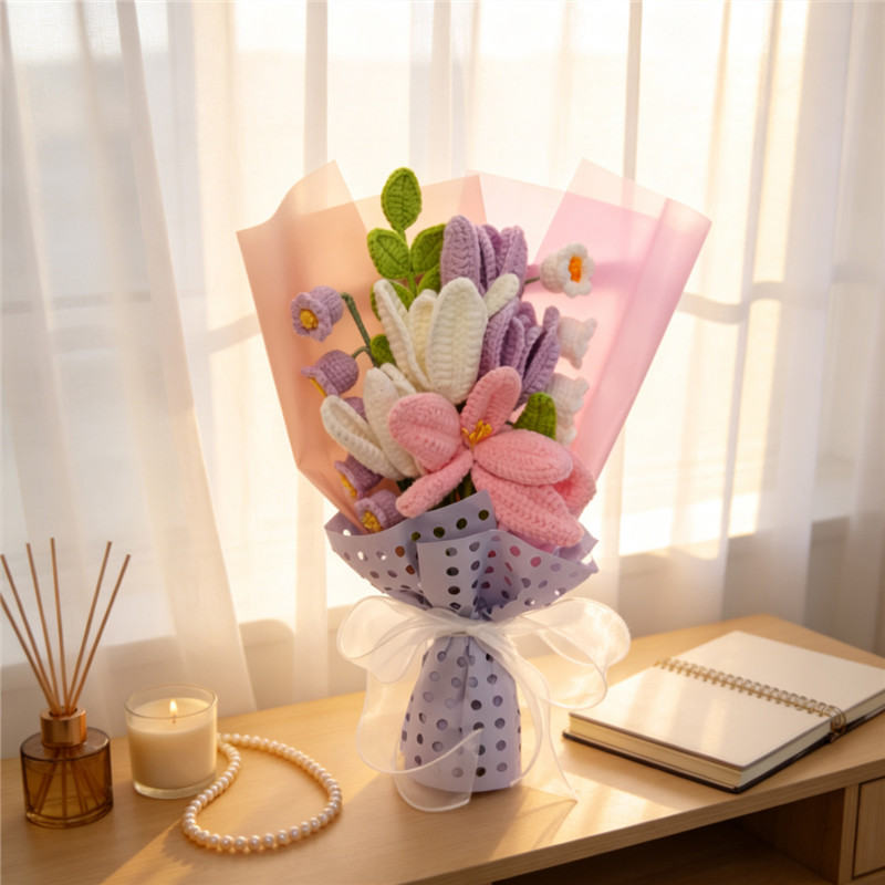 Lavender Tone Hand Crochet Flower Bouquet, Forever Crochet Floral Keepsake Gift For Women, Romantic Indoor Table Ornament