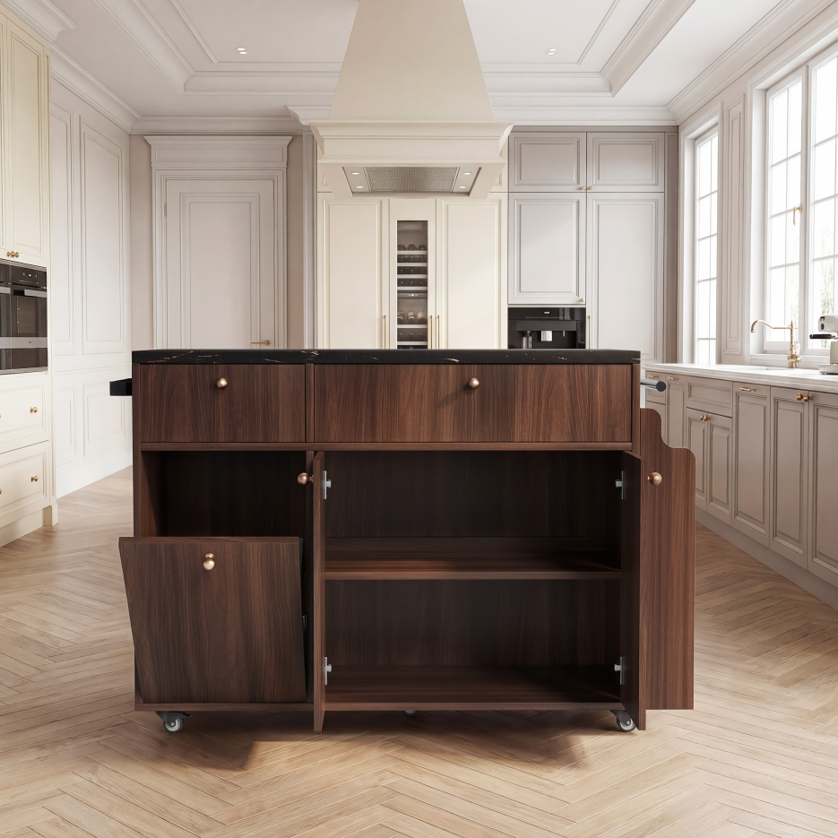 Kitchen Island With Storage Rolling Kitchen Island Cart With Drop Leaf Extension, Black Marble Top, Drawers, Spice Rack, Towel Bar, Mobile Kitchen Cart For Kitchen & Dining Room