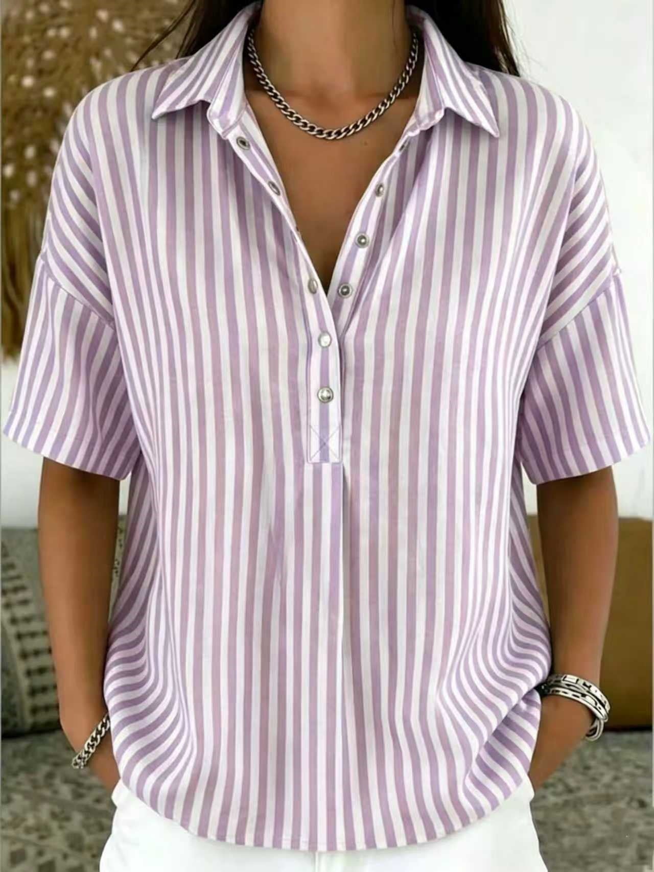 Womens Fashion Casual Striped Short-sleeve Shirt