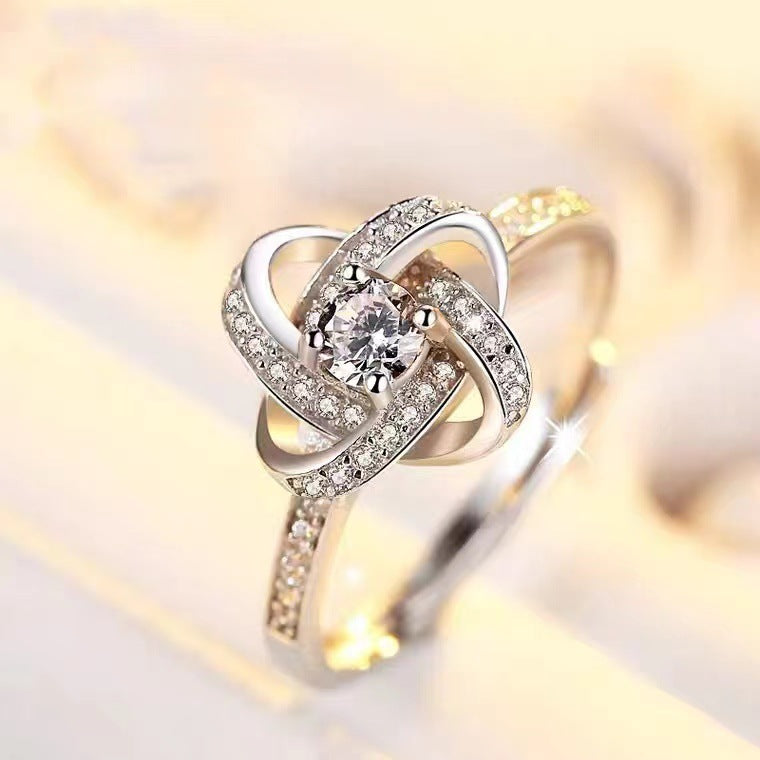 Japanese And Korean Fashion Elegant Four-leaf Clover Ring For Women Amazon Hot-selling Zirconium Lucky Herb Finger Ring Ring