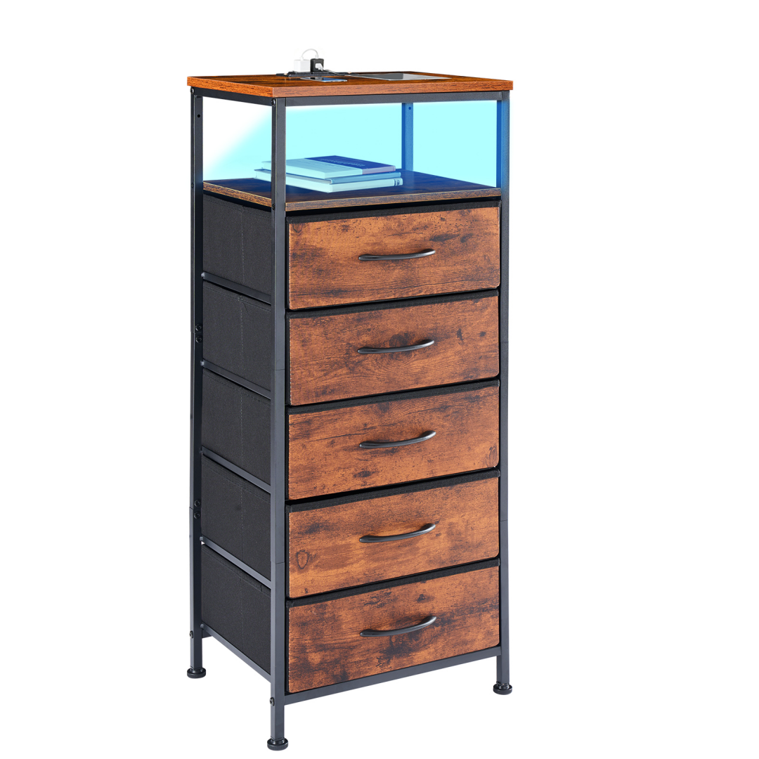 Nightstand With Charging Station, Bedside End Table With 5 Fabric Drawers & USB-Type-C Ports And Outlets