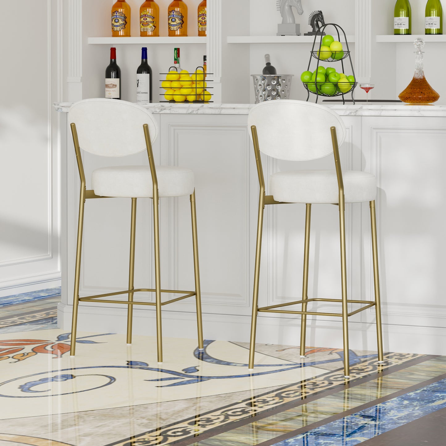 29  Upholstered Bar Stools Velvet Counter Stool With Backrest & Footrest Set Of 2 Round Dining Chairs For Kitchen Creamy White