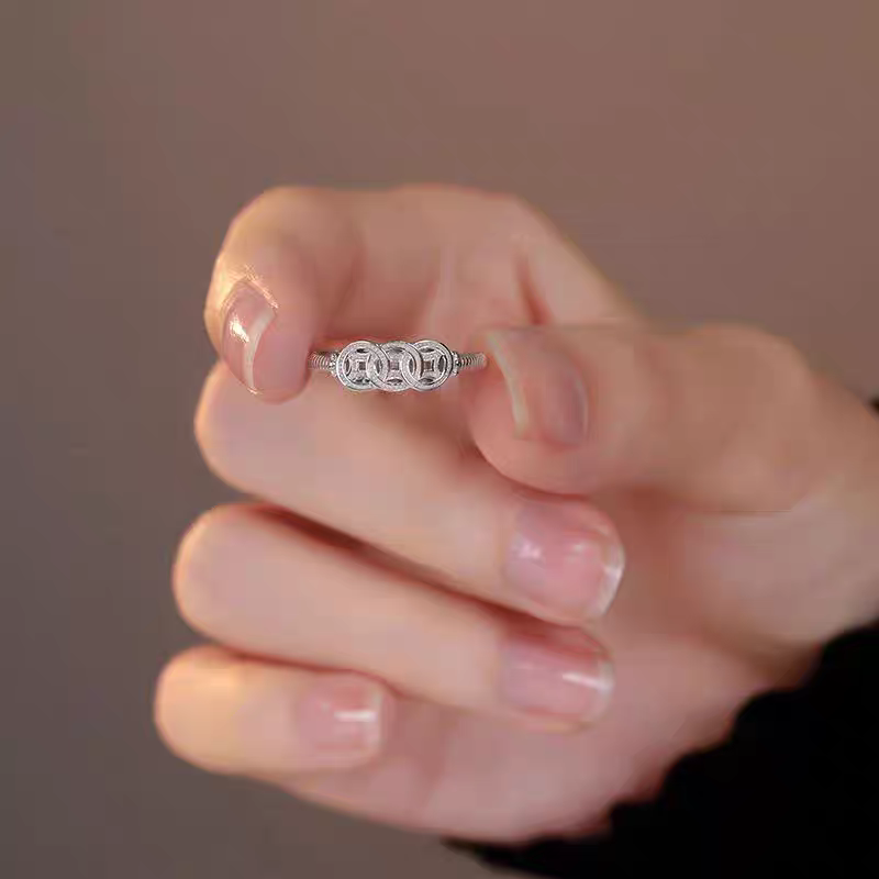 1pc 999 Sterling Silver Zircon Inlaid Coin Open Ring, Retro & Lucky Design, Perfect For Daily, Festivals & Gifting, Ideal Valentine's Gift