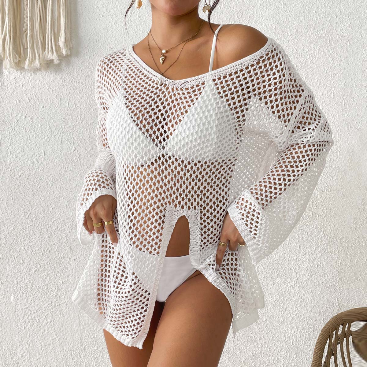 New Irregular V Neck Cover Up, Hollow Out Side Slit Bikini Beach Dress, Hot Selling European American Vacation Kimono Cardigan
