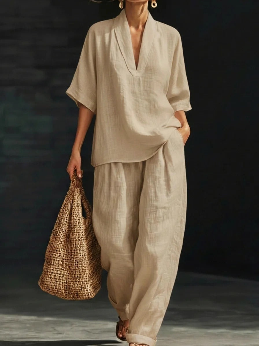 2026 Hot Sale Spring Summer Women's Set, Fashion V-Neck Short Sleeve Loose Top With Pocket Pants
