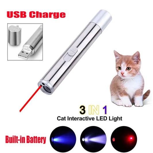 3 In1 1mw USB Rechargeable Pet Toy Pen Flashlight Red Laser Beam UV Light 3-Modes Lamp