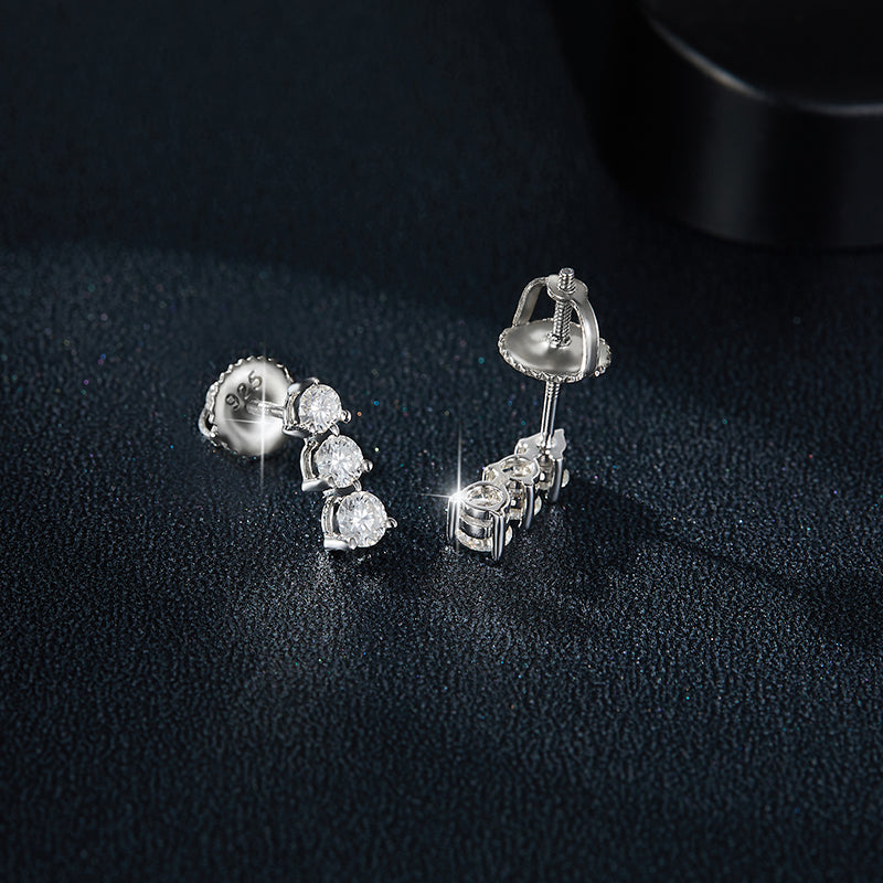 S925 Sterling Silver Moissanite 3 Stone Earrings  Round Cut Screw Back Studs With GRA Certificate Platinum Plated Vertical Drop Jewelry Gift Box Set For Women