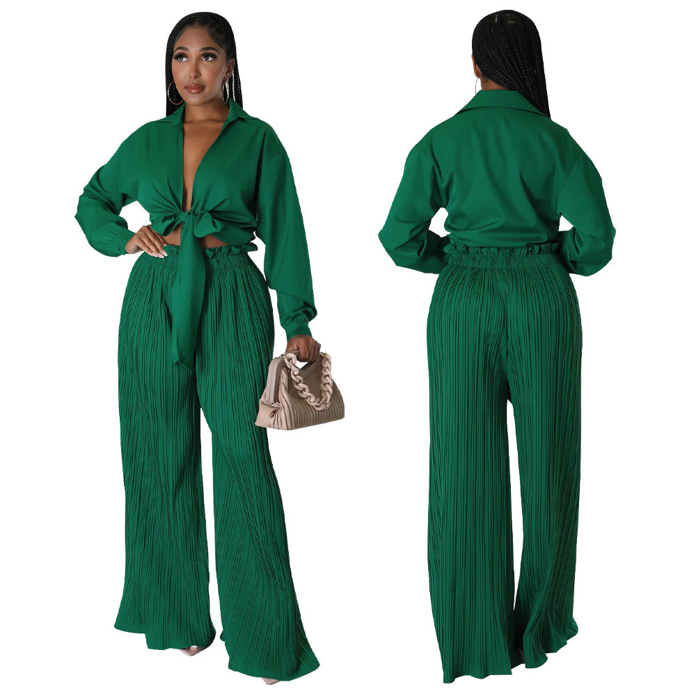 Cross Border Autumn Best-selling Women's Long Sleeve V-neck Lace-up Top Pleated Blouse And Pants Wholesale
