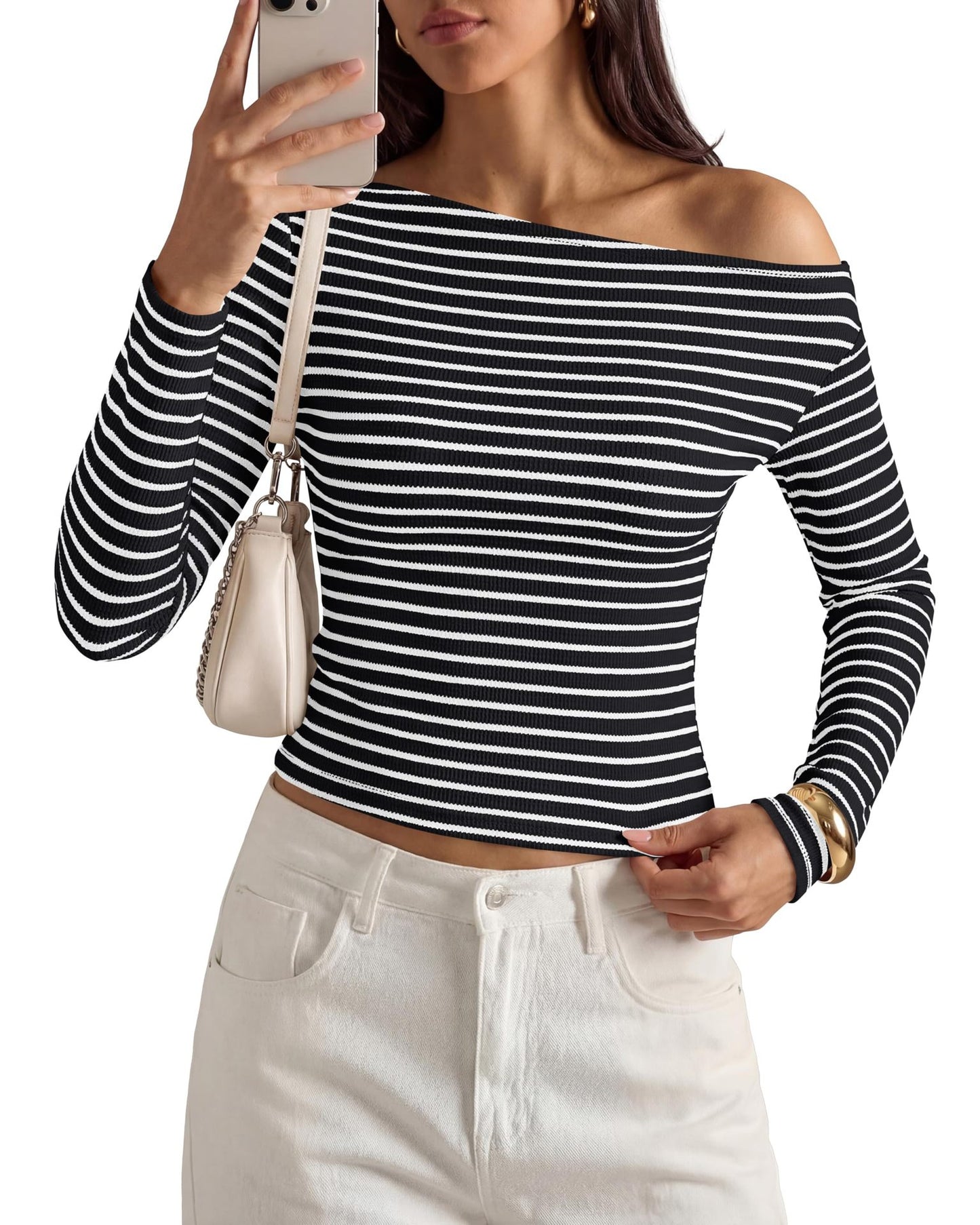 Womens Fashion Casual Striped Off-shoulder Top