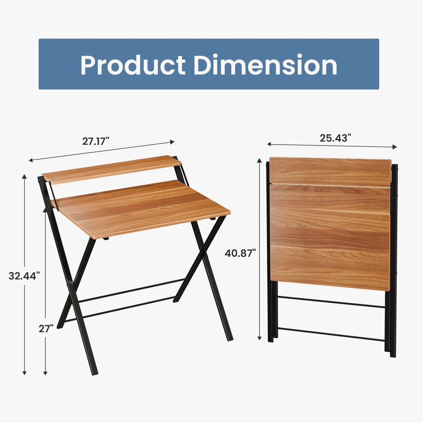 Small Folding Desk With Shelf, No Assembly Compact Computer Table, For Narrow Spaces, Portable Study Workspace For Bedroom And Office