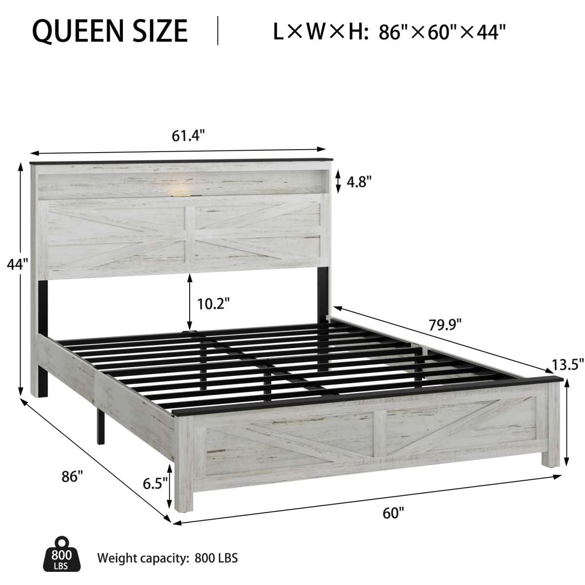 Queen Bed Frame With LED, Charging Station & Hidden Storage, White & Gray