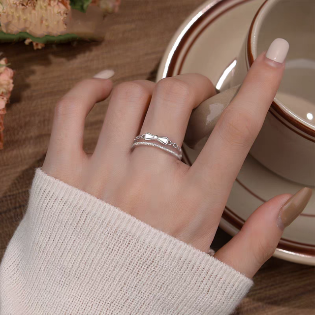 1pc 999 Sterling Silver Double Layer Bow Open Ring, Sweet & Elegant, Perfect For Daily, Dating & Gifting, Ideal Valentine's Gift