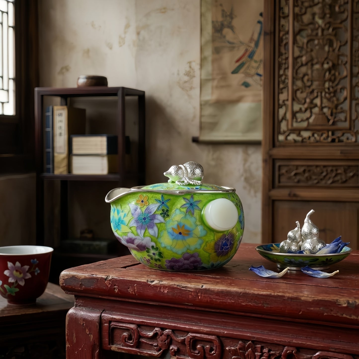 925 Sterling Silver Enamel Teapot with Floral Design and  Mouse Finial-Fine Indigo Tea Dispenser - Handicraft