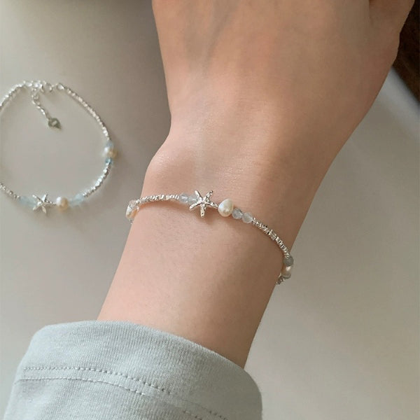 1 Piece 999 Sterling Silver Starfish Freshwater Pearl & Chip Bead Bracelet, Fresh & Elegant, Perfect For Daily, Dating & Gifting, Ideal Valentine's Gift