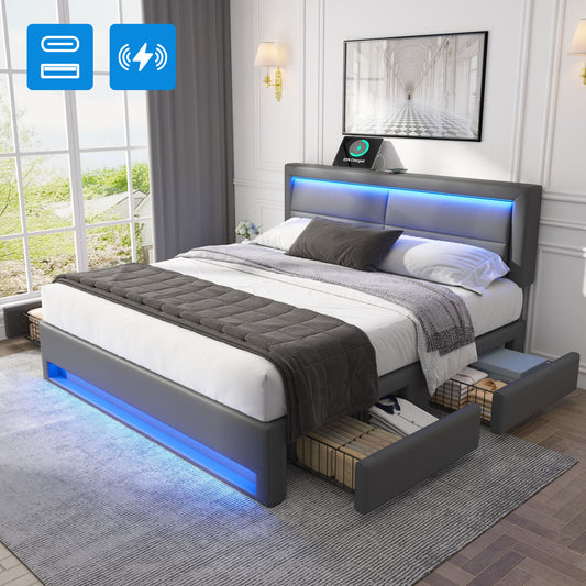Tufted Bed 140 X 190 Cm With USB Port  Supports Wireless And Wired Charging , With LED Lighting And Four Storage Drawers, Without Mattress, PU Lychee Design, Grey OLD SKU-3256234AAG