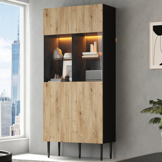 Modern Tall Cabinet With 10 Storage Compartments And Glass Doors,LED Lighting  80x35x180cm W H D,Tall Cabinets For Living Room,Storage Cabinet In Natural Wood Color Black Cabinet,Display Case