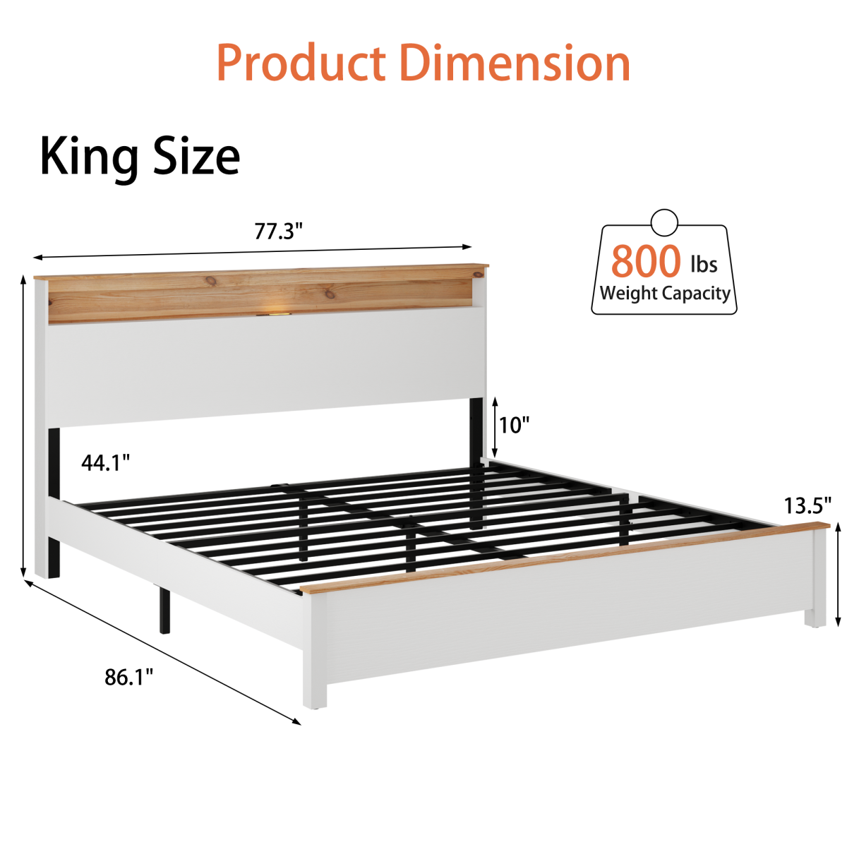 King Farmhouse Wood Bed Frame With Storage Headboard & Charging Station, White
