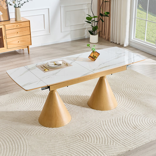 Extendable Stone-Top Dining Table White Marble-patterned Tabletop With Wood-colored Tapered Metal Legs. A Modern, Luxury-inspired Rectangular Dining Table For Home Use, Suitable For 4-8 People.