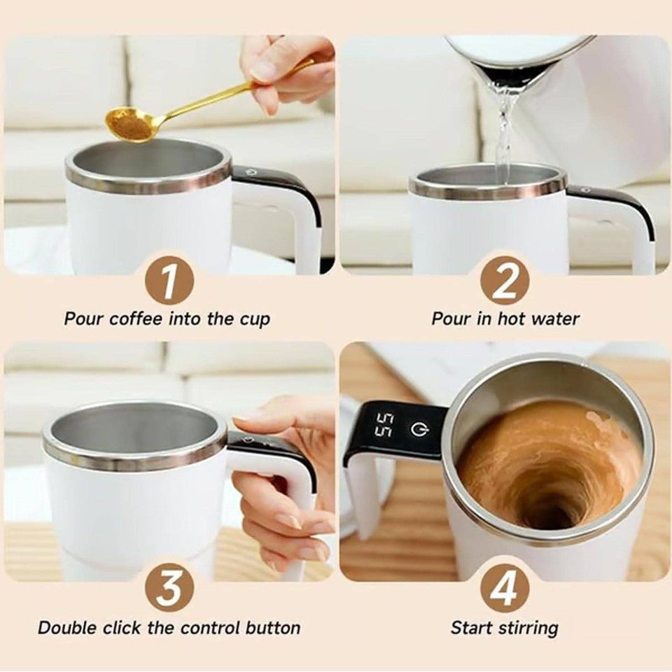 Digital Self Stirring Coffee Mug Auto Mixing Milk Tea Cup Magnetic Rechargeable White