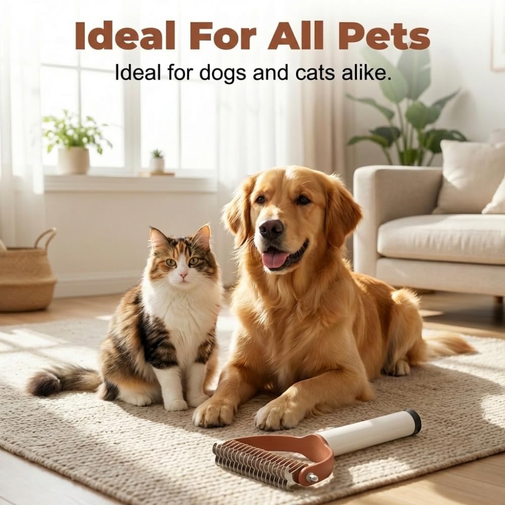 Double Sided Dematting Comb For Cats & Dogs, Undercoat Rake, Safe Deshedding Grooming Tool, Gentle Matt Remover Detangler For Long Thick Haired Pets, Ergonomic Pet Grooming Brush