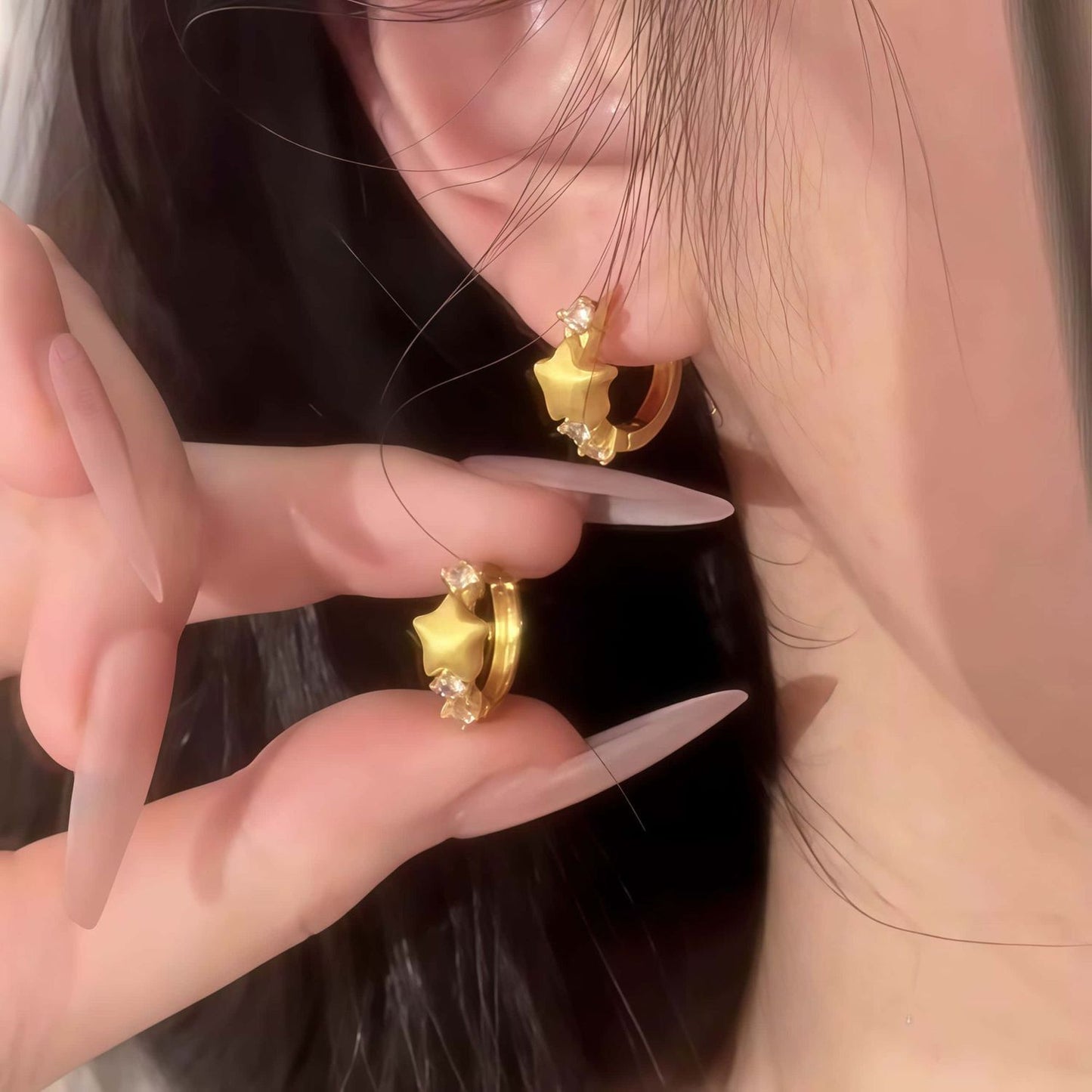 French Gold Brushed Star Huggie Earrings, Minimal Exquisite Niche Unique Designer Hoops, High-End Elegant Fashion Ear Jewelry For Women