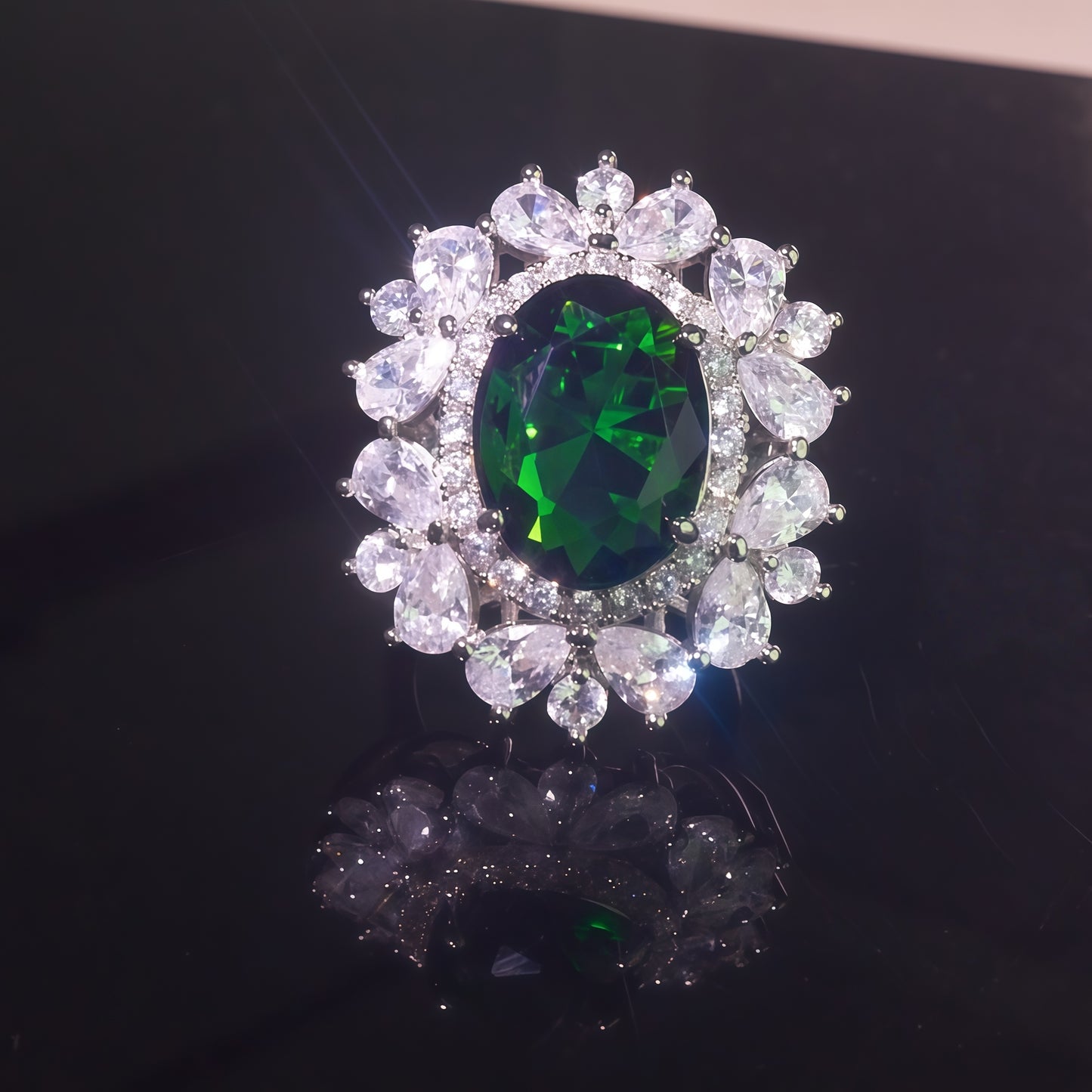 Oval Large Green Emerald CZ Multi-Petal Floral Halo Open Adjustable Statement Ring For Women, Copper Silver Plated Pear White Crystal Luxury Banquet Wedding Jewelry Gift