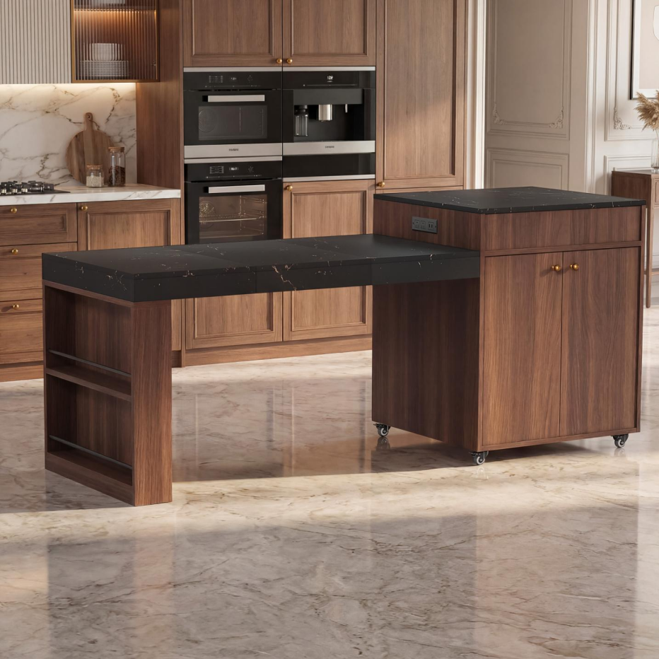 78.8inch Rolling Kitchen Island With 3-Stage Extendable Dining Table Seats 6-8,Built-in Power Outlet, Ample Storage Drawers & Cabinets,Mobile On Wheels - High-Density MDF,Easy Assembly Walnut