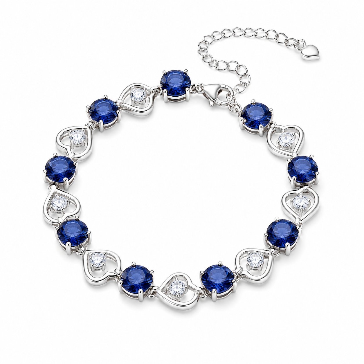Heart Link Round Blue CZ Tennis Bracelet For Women, Copper Plated Silver With Adjustable Extension Chain Sapphire Color Cubic Zirconia Romantic Wedding Jewelry Gift