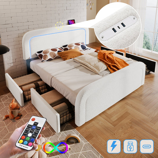 AB20044647W Bed Frame With USB-C Charging, LED Lighting, And 4 Drawers  Upholstered Double Bed 160x200cmWith Height-Adjustable Headboard And Wooden Slatted Base  Sherpa White Mattress Not Inc