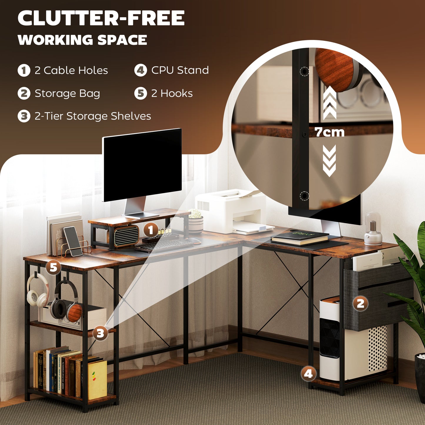 168cm Reversible L Shaped Desk, Industrial Corner Computer Desk With Adjustable Shelf And Storage Bag, 240cm 2 Person PC Table With Monitor Stand, Rustic Brown