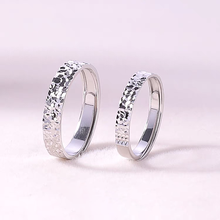 1 Pair 999 Sterling Silver Crushed Ice Hammered Couple Rings, Minimalist Shiny Style, For Daily Wear & Valentine's Gifts