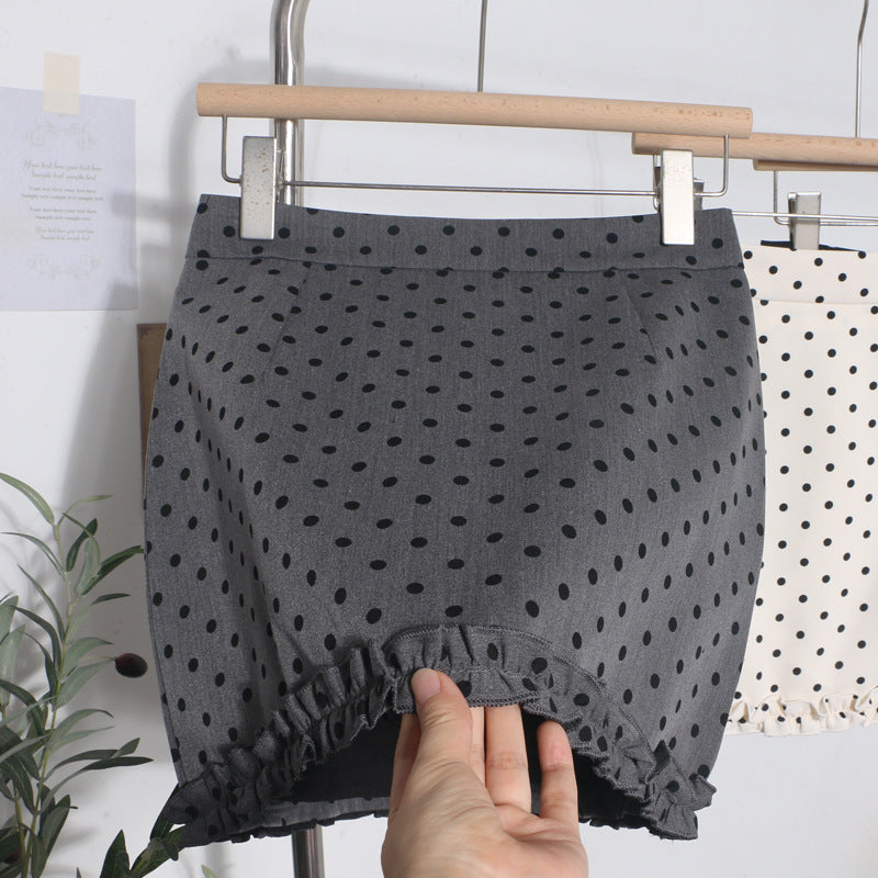 Korean-style Fringed Hem Polka-dot High-waist Anti-exposure A-line Sheath Skirt