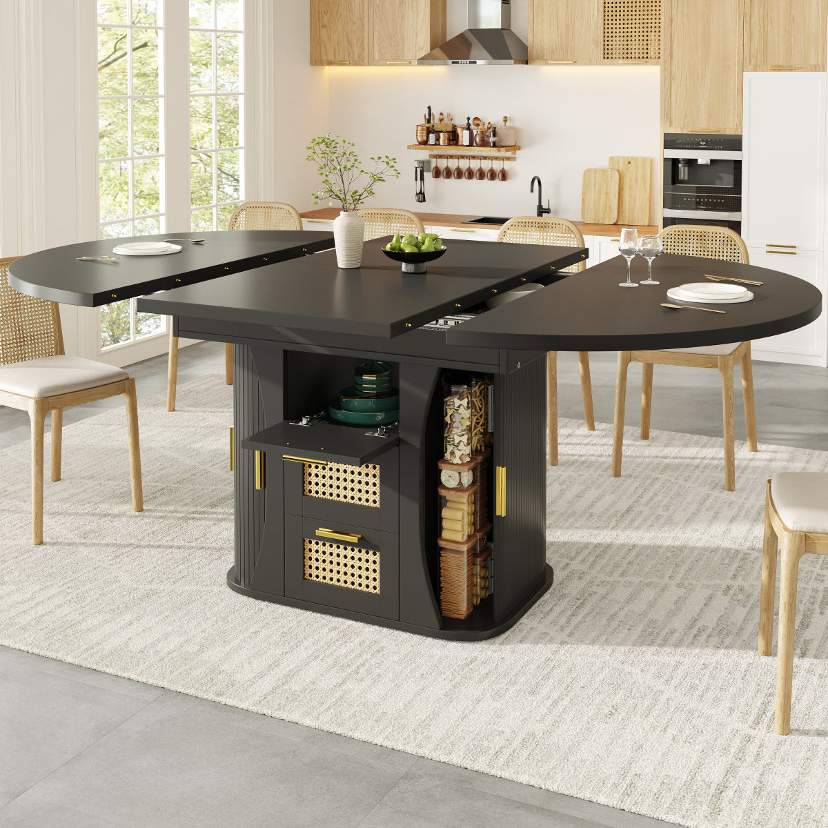 Extendable Dining Table With Storage, 118-158cm Table With Rattan Drawers, MDF Wood Look, Black  Natural Wood  Oak Look