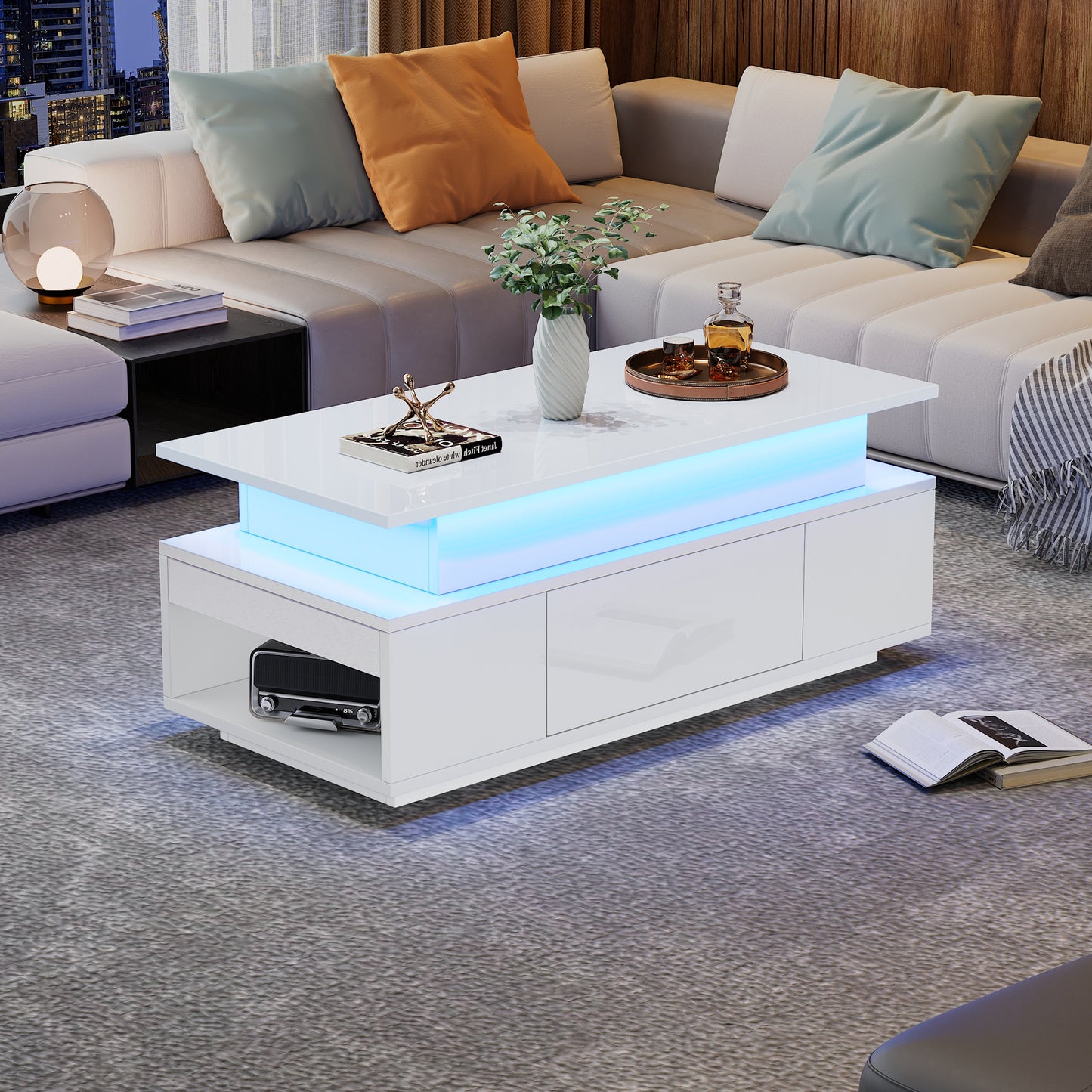 Height Adjustable Coffee Table With Hidden Storage And Drawer, 96x45x40cm High Gloss Living Room Table, LED Sofa Table, Suitable For Office, Study, Party, White