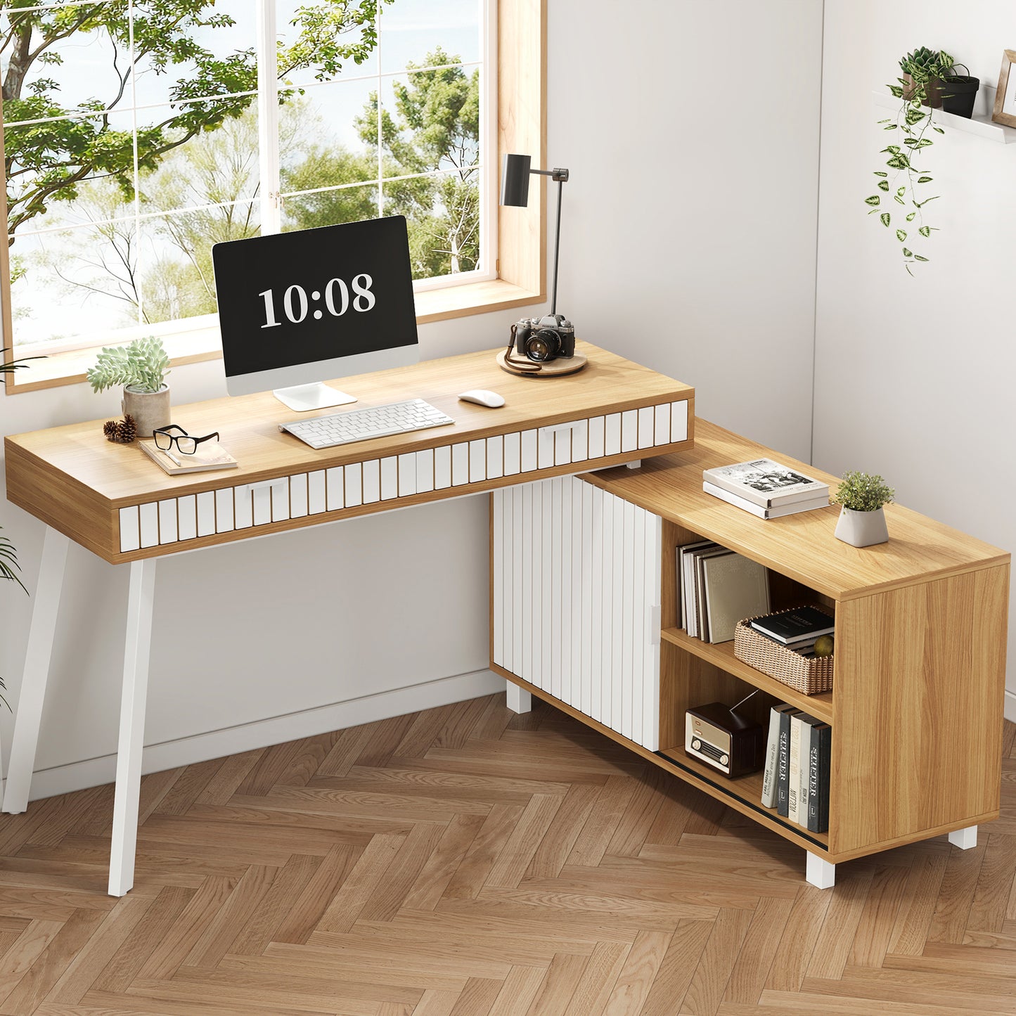 140x120x76.5cm L-shaped Desk, Modern Minimalist Style, Vertical Stripe Pattern, Steel Legs, Two Drawers, Spacious Cabinet, Natural Color  White.