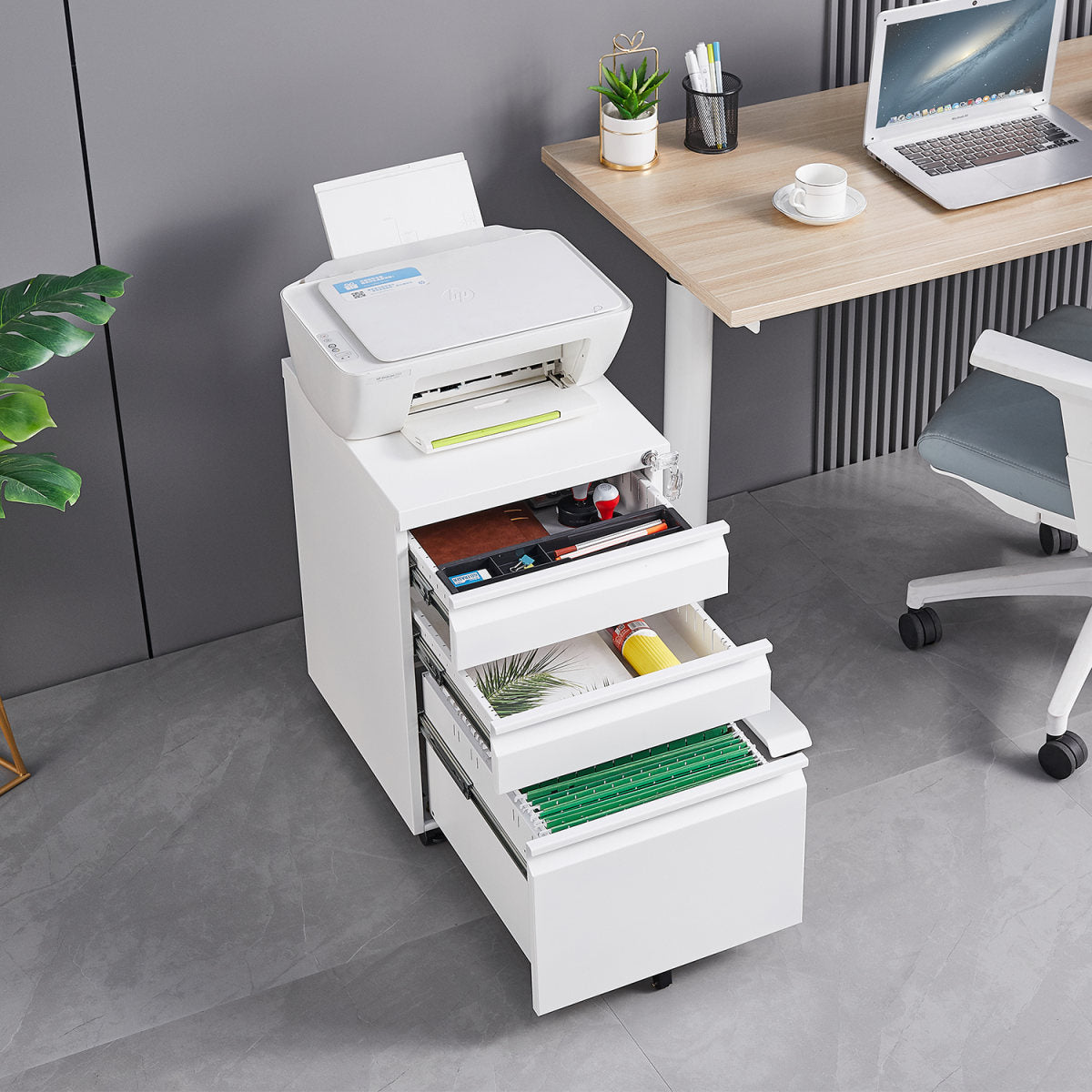Installation Required 3 Drawer Mobile Filing Cabinet With Lock, Legal Letter Sized Office Storage Filing Cabinet, Metal Filing Cabinet White,suitable For Offices And Study Rooms