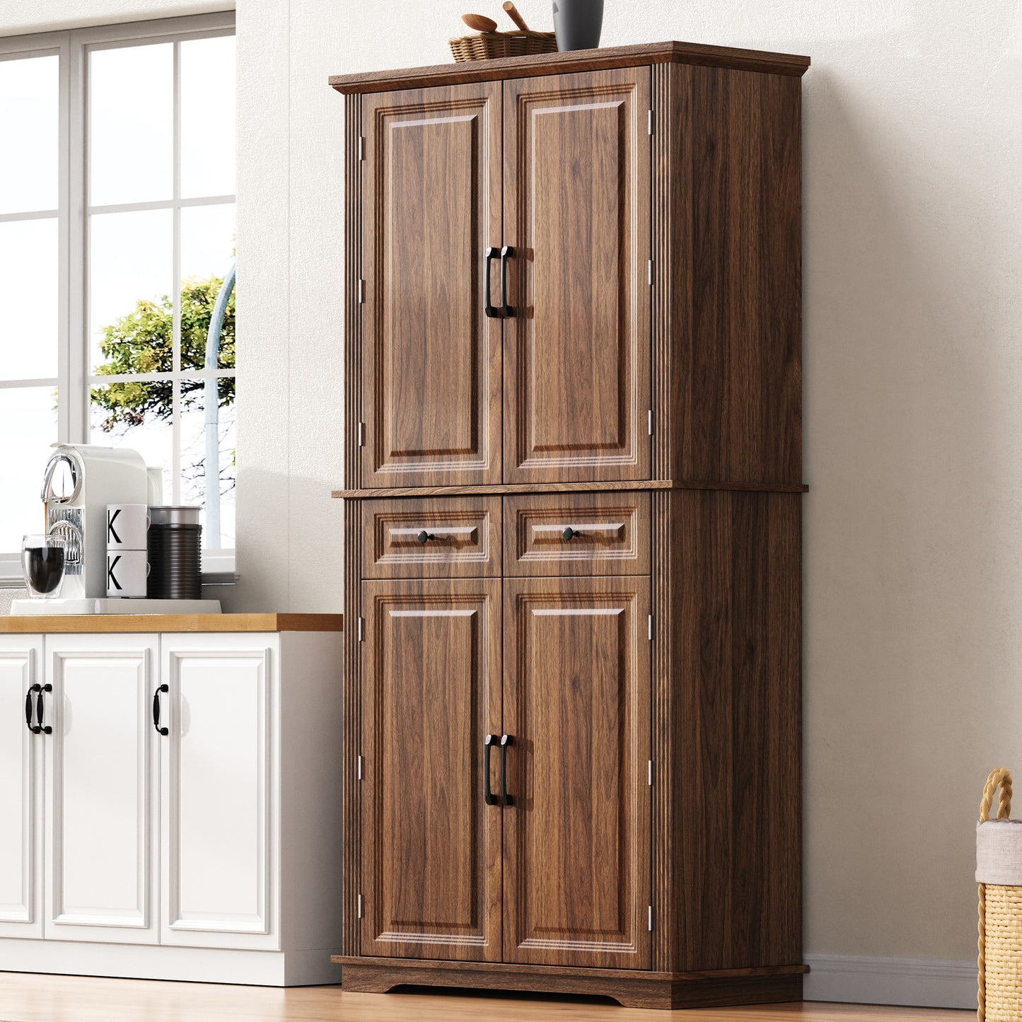 K&K 71   Tall Kitchen Pantry Cabinet With 3 Pull Out Cabinet Organizers, Farmhouse Embossed Texture Storage Cabinet With 6 Door Shelves, 2 Drawers, Freestanding Cupboard For Kitchen, Dining Room Brown