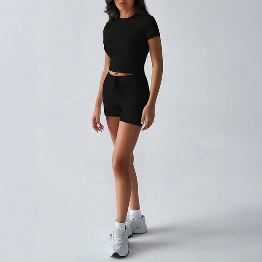 Yoga Active Wear Solid-Color Short-Sleeve Drawstring Shorts Set