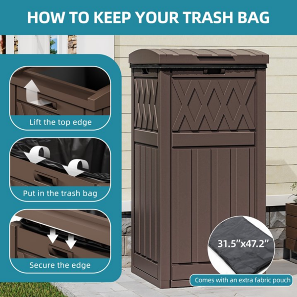 32 Gallon Outdoor Trash Can, Waterproof Resin Garbage Bin With Lid & Drip Tray For Porch Backyard Patio, Dark Brown  Shipment From Walmart