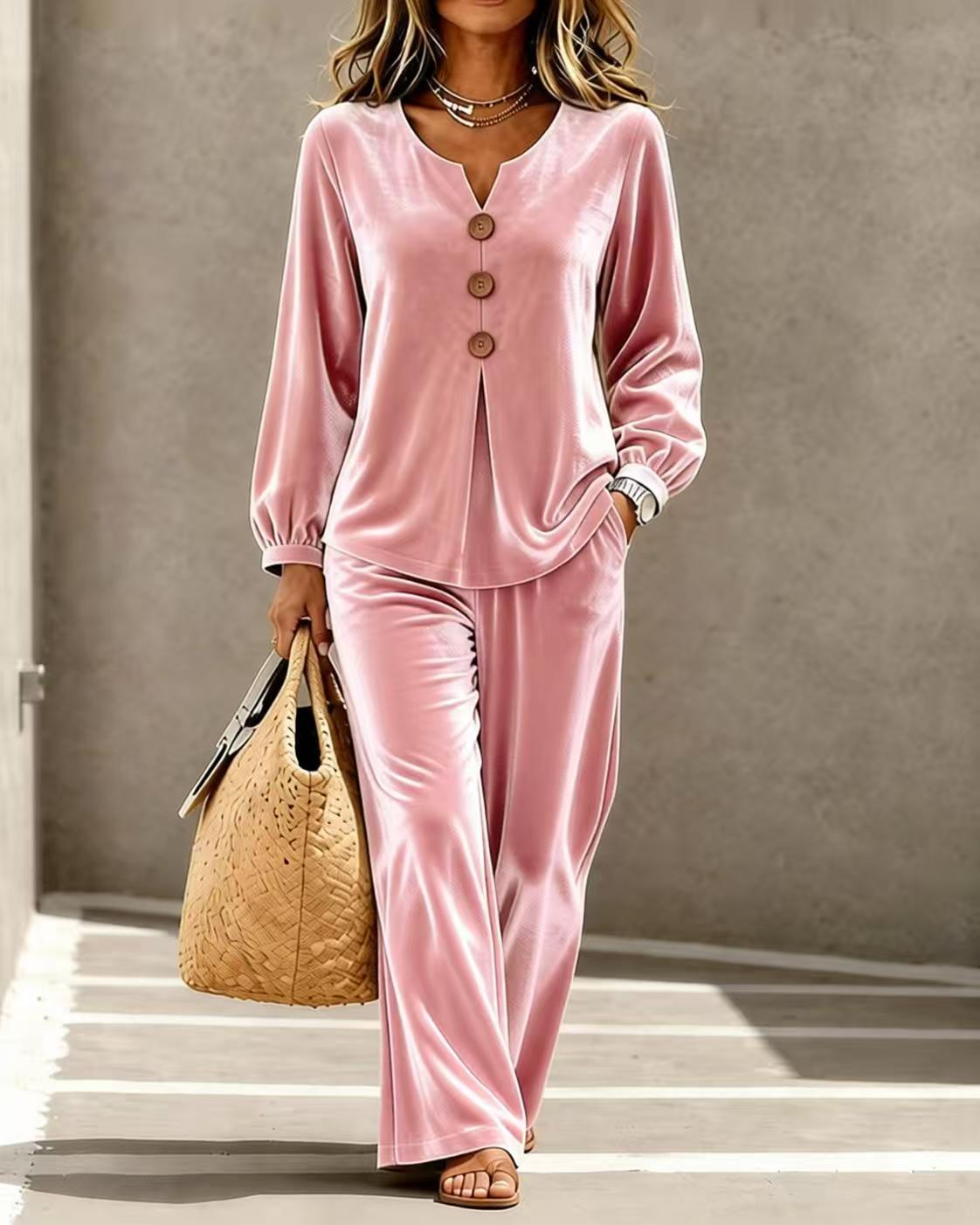 Womens New Velvet Casual Two-piece Set Featuring A V-neck Long-sleeve Top With Buttons And Matching Trousers