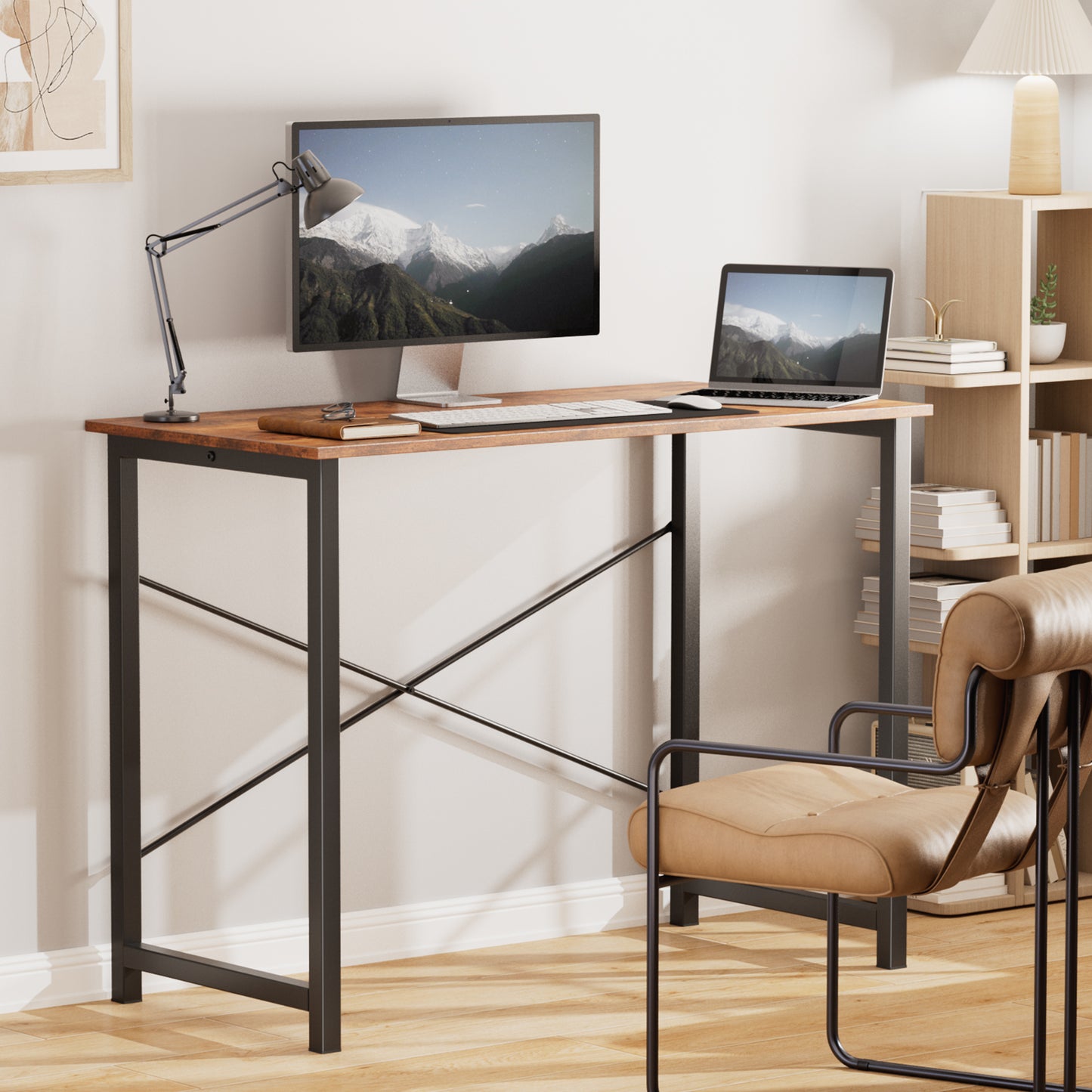 Computer Desk For Home Office, Modern Study Work Table Simple Style For Bedroom, Writing Desks With X-Shaped Reinforcement, Rust
