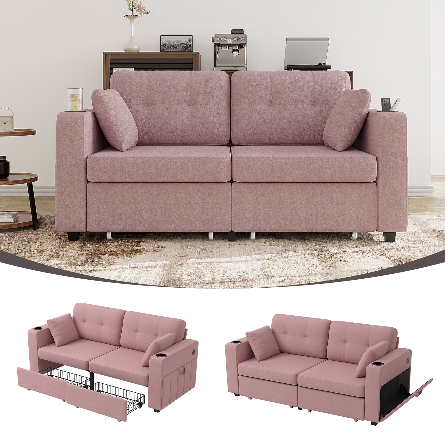 Sofas For Living Room, Couch Set,3 Seats Sofa, USB Charging,Wood Frame,Easy To Install,with Storage, Charging Station,Cup Holder,Modern Sectional Sofas For Living Room, Apartment,Chenille Fabric