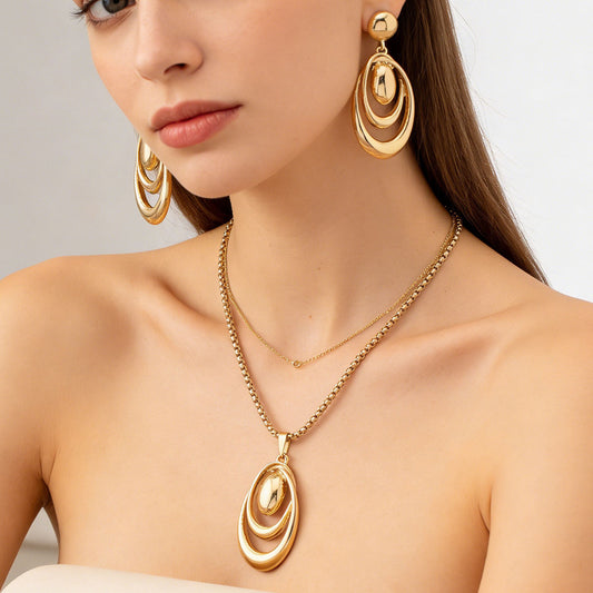 Cross-border European American Women Jewelry Set, Niche Geometric Water Drop & Circle Pendant Necklace With Matching Earrings, Versatile Fashion Accessories For Ladies